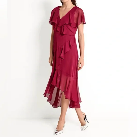 DKNY V-Neck Ruffled High-Low Hem burgundy dress size:6 - Picture 9 of 16